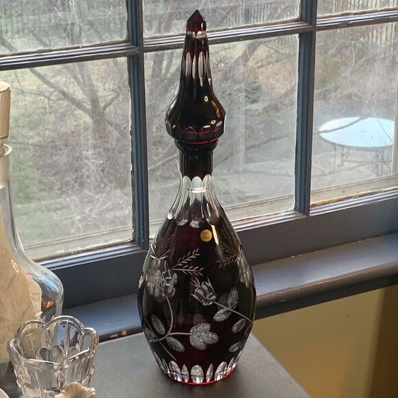 Deep Purple Etched Glass Decanter - Repaired - Picture 1 of 9